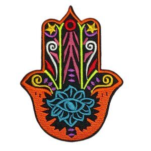 Hamsa Evil Eye Lotus Flower Stars Embroidered Patch Boho Orange Blue Yellow Red